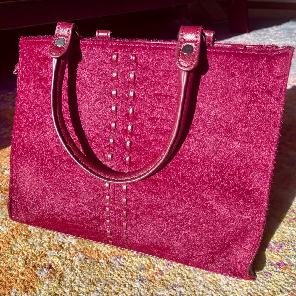 Chicos red faux fur handbag